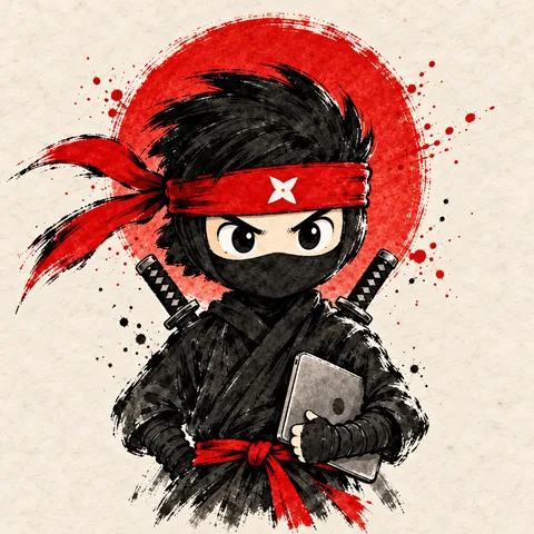 Ninja con dos katanas y un notebook, personaje del plan Ronin